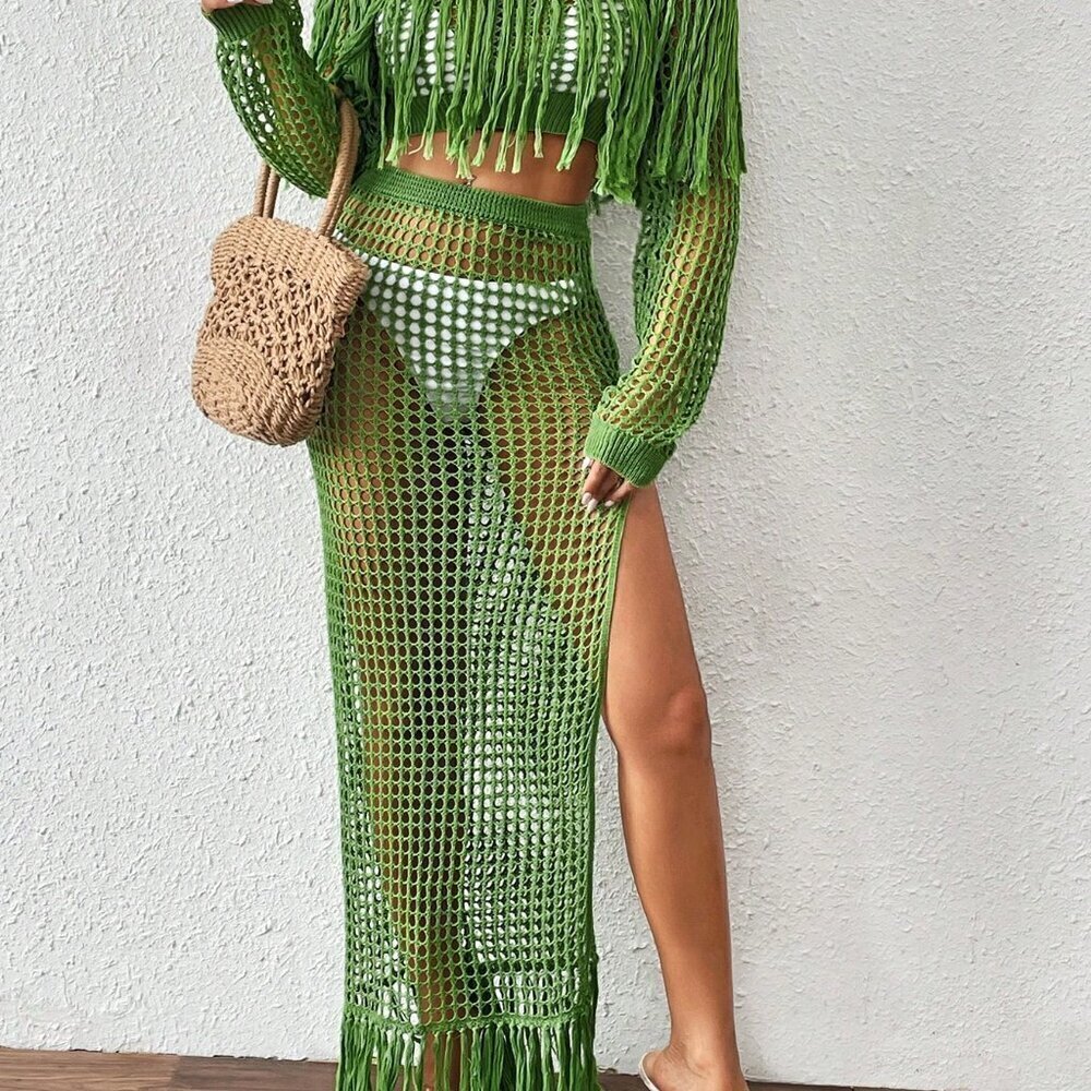 Green Sexy Women's Crochet Hollow Fringe Hem Cover Up Tops